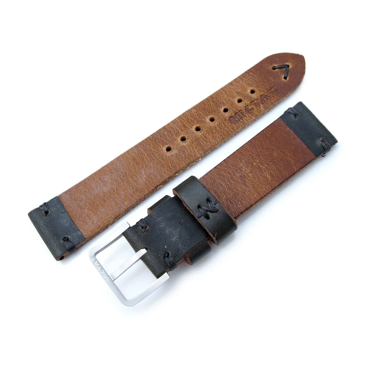 20mm, 22mm MiLTAT Horween Chromexcel Watch Strap, Blackish Green, Grey Stitching