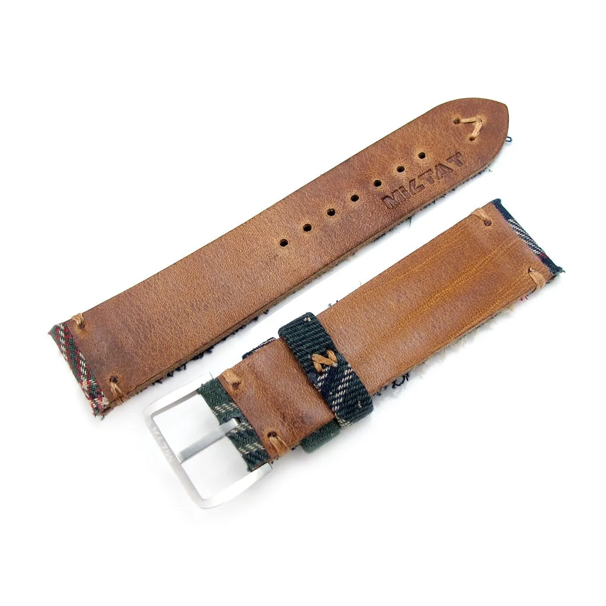 20mm MiLTAT Dundee Tartan Pattern Watch Strap, Brown Stitching