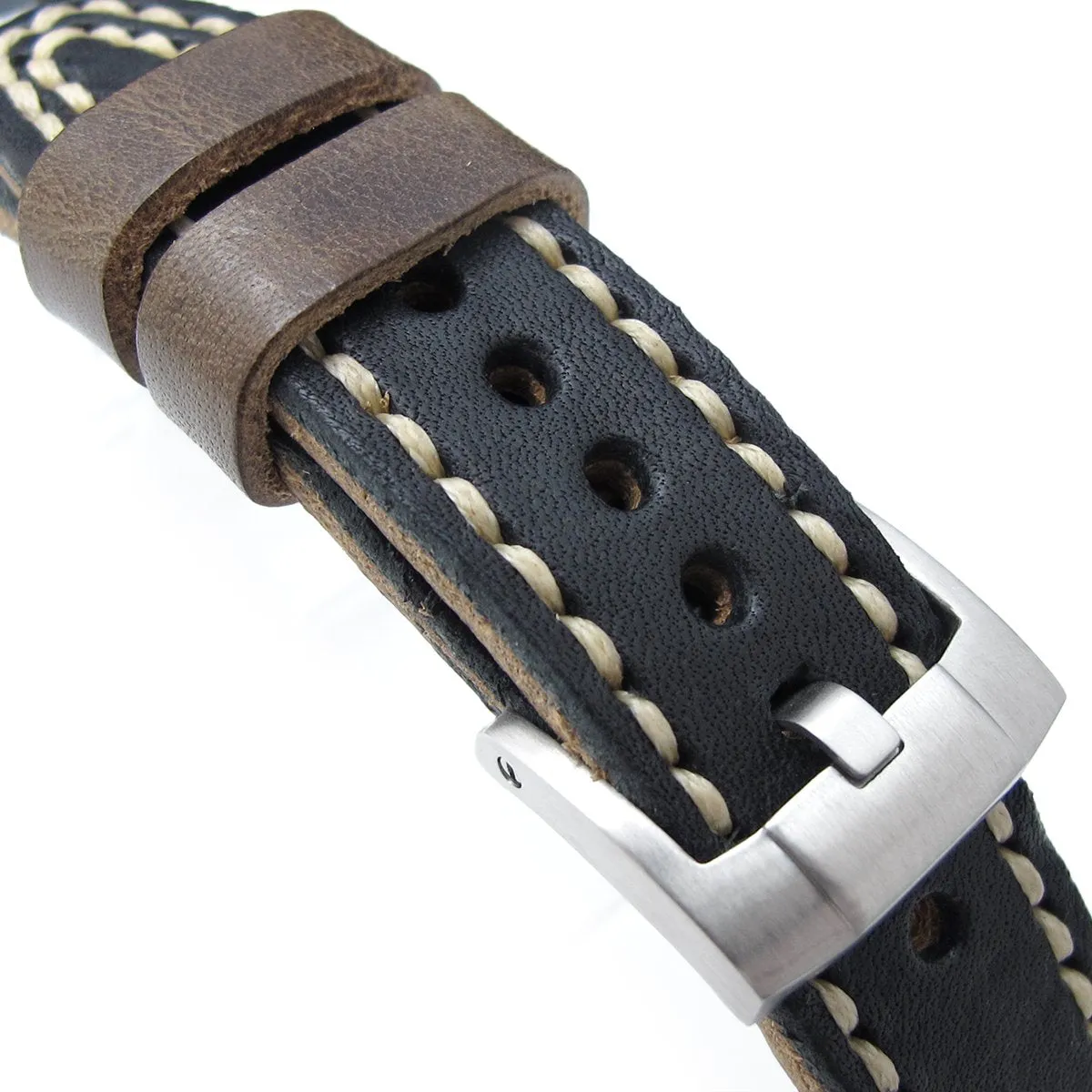 21mm, 22mm MiLTAT Black Pull Up Aniline Italian Leather Watch Strap, Rivet Military strap