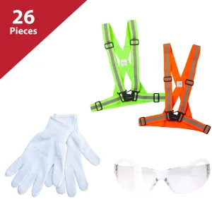 26 Piece Cycling Kit (1 Yellow & 1 Orange Fluorescent Belt, 12 pc Cotton Gloves, 12 PAIRS of Safety Glasses)