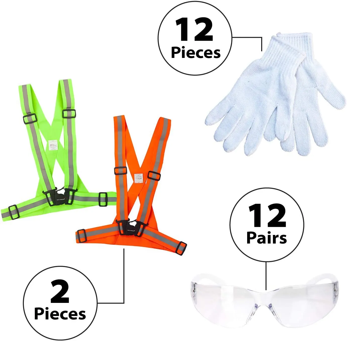 26 Piece Cycling Kit (1 Yellow & 1 Orange Fluorescent Belt, 12 pc Cotton Gloves, 12 PAIRS of Safety Glasses)