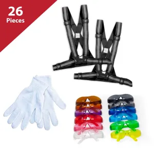 26 Piece Cycling Kit ,2 Black Reflective Fluorescent Belts, 12 pc Knit Cotton Gloves, 12 PAIRS of Assorted Color Safety Glasses