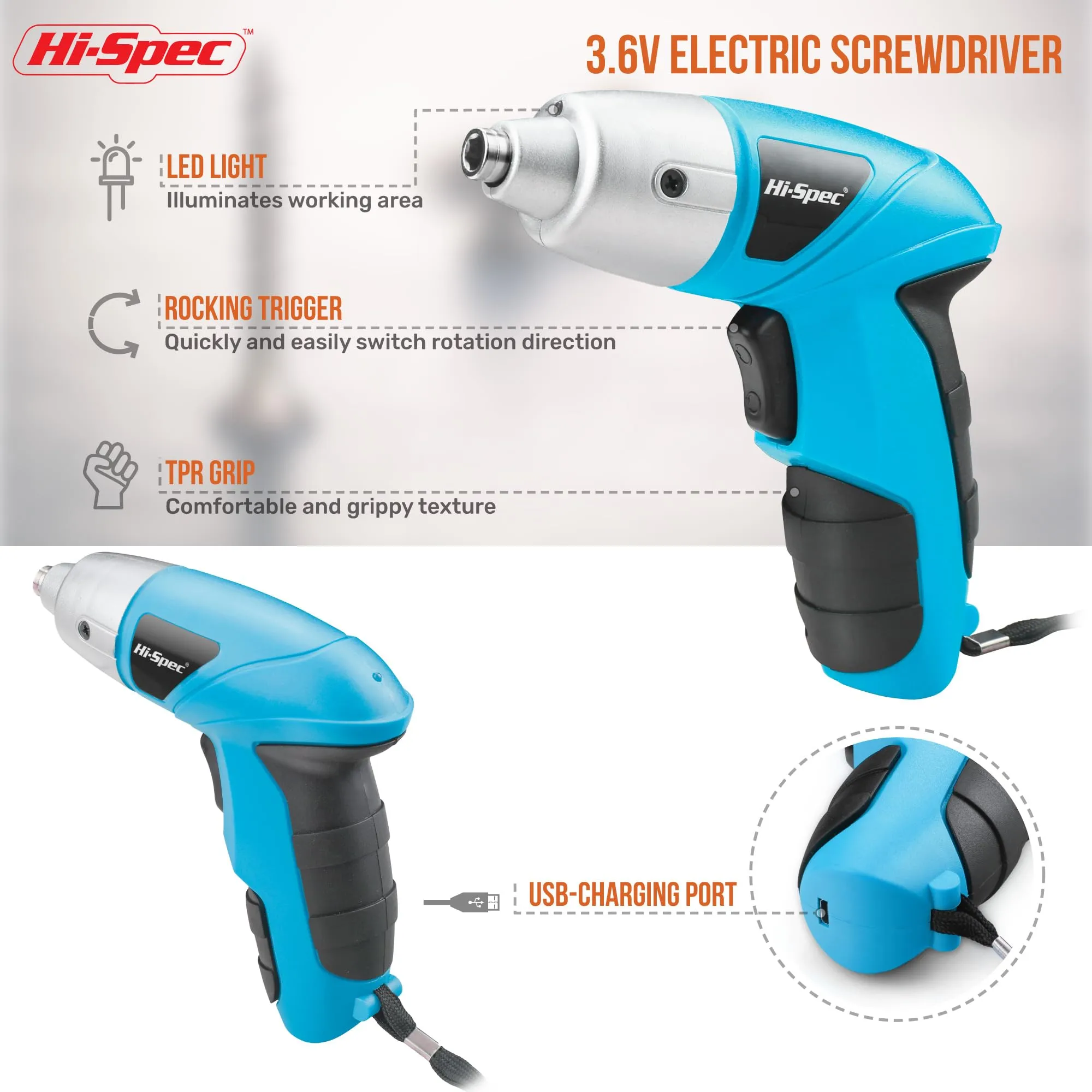 27pc 3.6V Blue Compact Electric Power Screwdriver Set. Cordless & USB Rechargeable with 23 Driver Bits for Home & Office Use