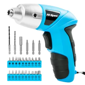 27pc 3.6V Blue Compact Electric Power Screwdriver Set. Cordless & USB Rechargeable with 23 Driver Bits for Home & Office Use