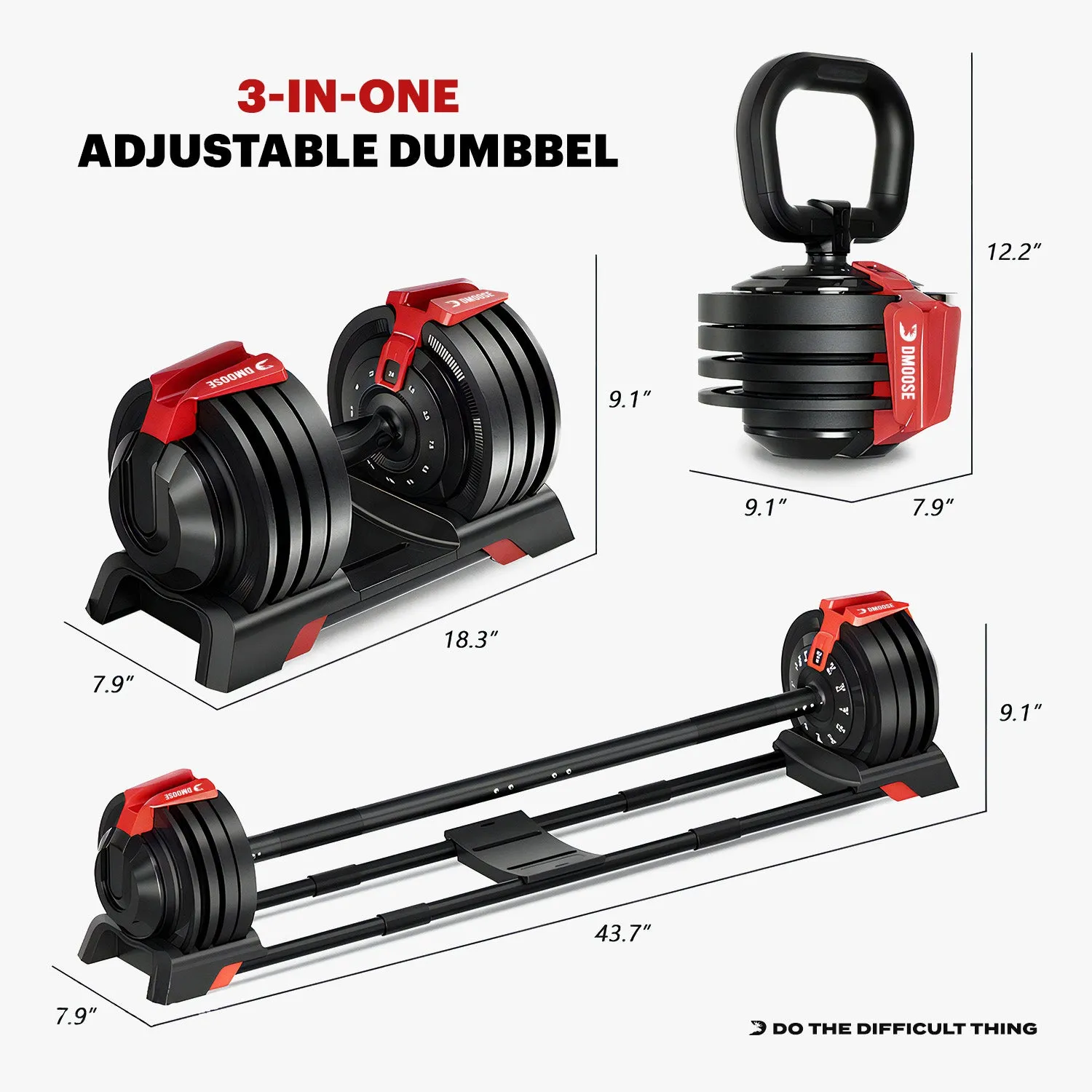 52.5 lb Adjustable Dumbbell, Barbell & Kettlebell Set