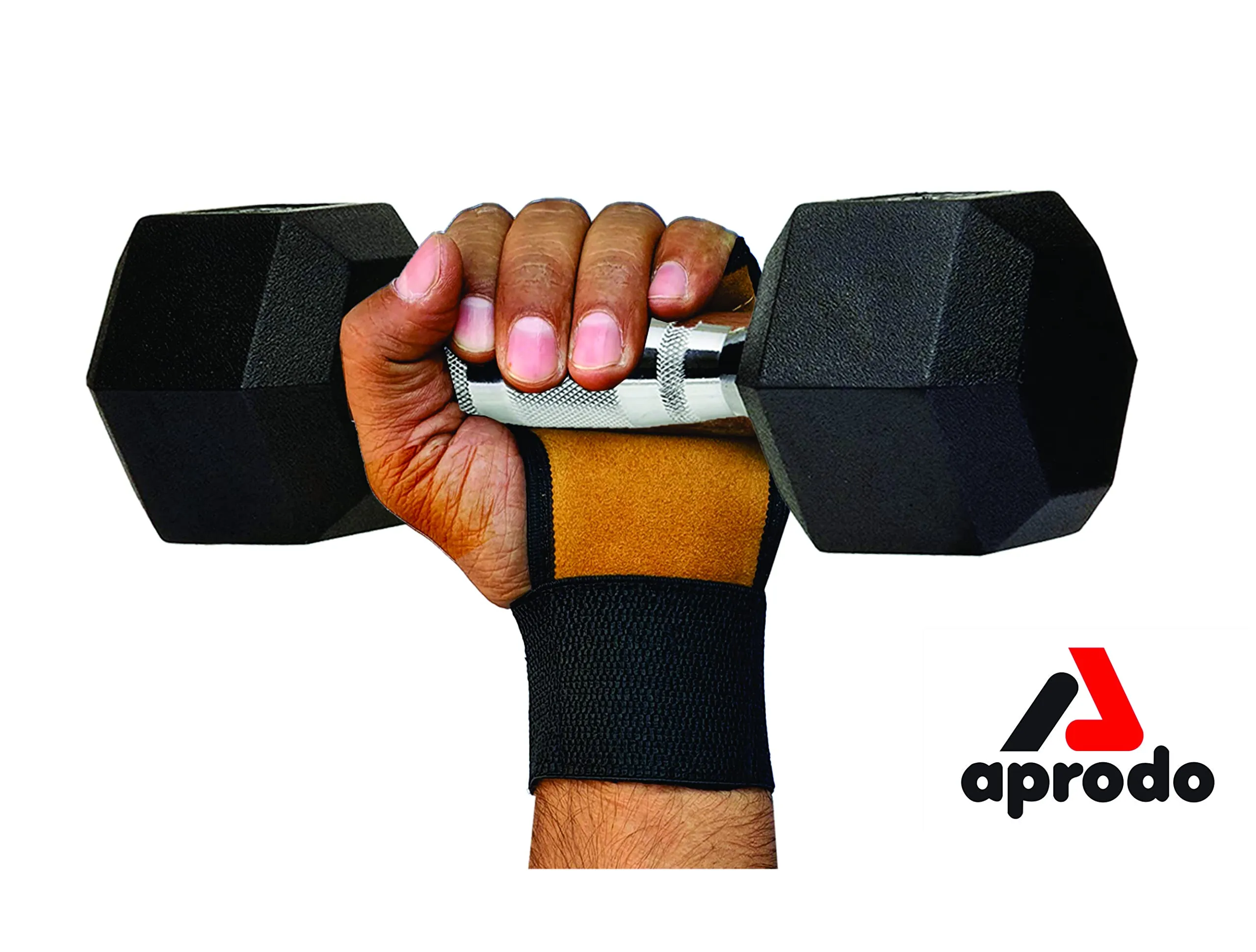 Aprodo Leather Hand Grips for Weight Lifting Workout Gloves with Built-in Wrist Support for Men and Women - Great for Gym Fitness, Cross Training, Hand Support & Weightlifting. Free Size, (TAN)