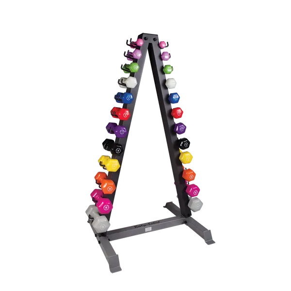 Body-Solid - 12 Pair Vinyl Rack with Rack, Includes GDR24 and pairs Vinyl Dumbbells 1-15lbs