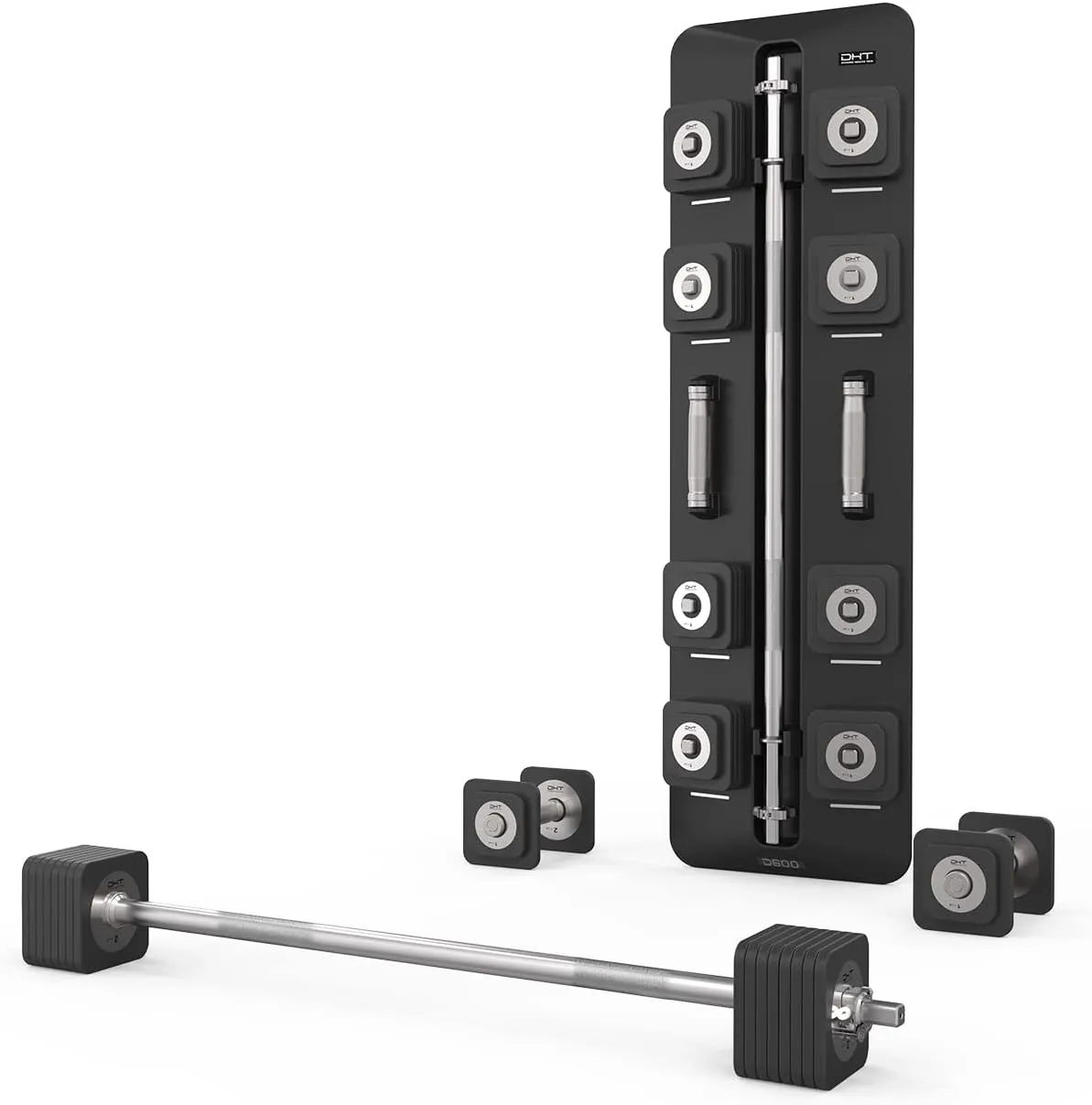 DHT D600 Wall Mount Black Adjustable Weight 1.8-22 lb Dumbbells, 6-54 lb Barbell Set