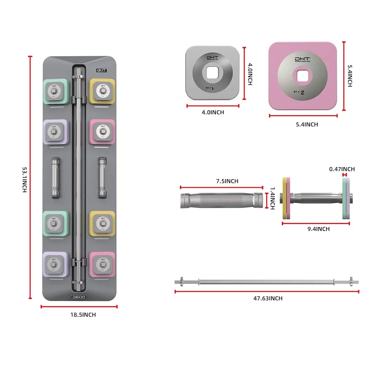 DHT D600S Wall Mount Macaron Style 6 Color Adjustable 1.8-22 lb Dumbbells, 6-54 lb Barbell Set