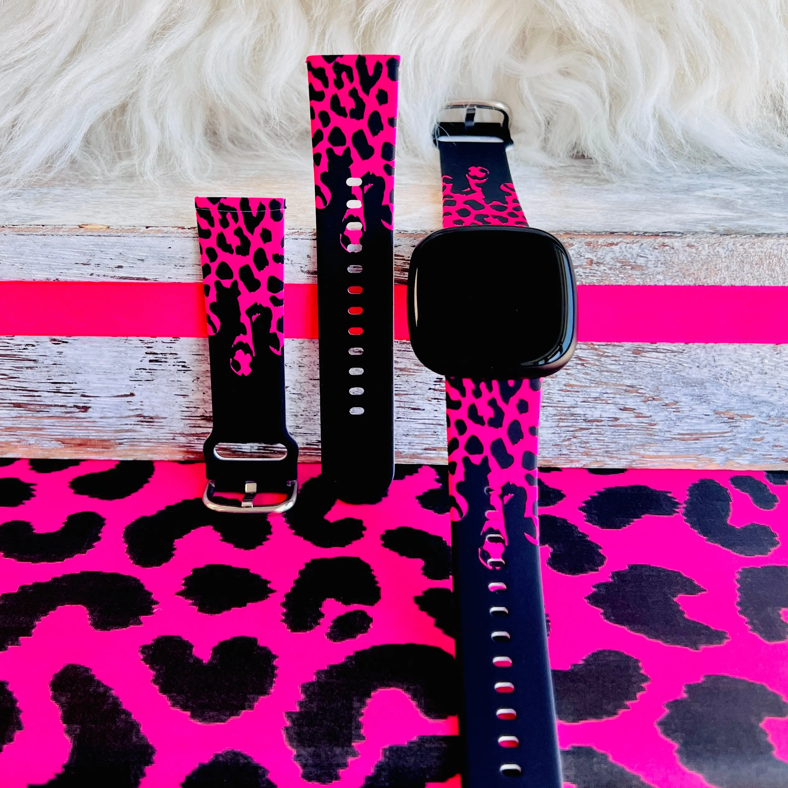 Hot Pink Black Leopard Drip Print Silicone Band For Fitbit Versa 3/4/Sense