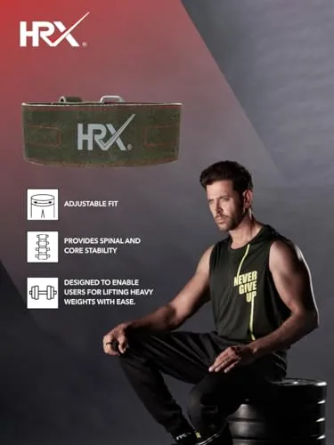 HRX Gym Belt for Weightlifting Workouts Deadlifts Powerlifts | Back Support for Exercise (HRGB01SLOGSL_Olive Green_S)