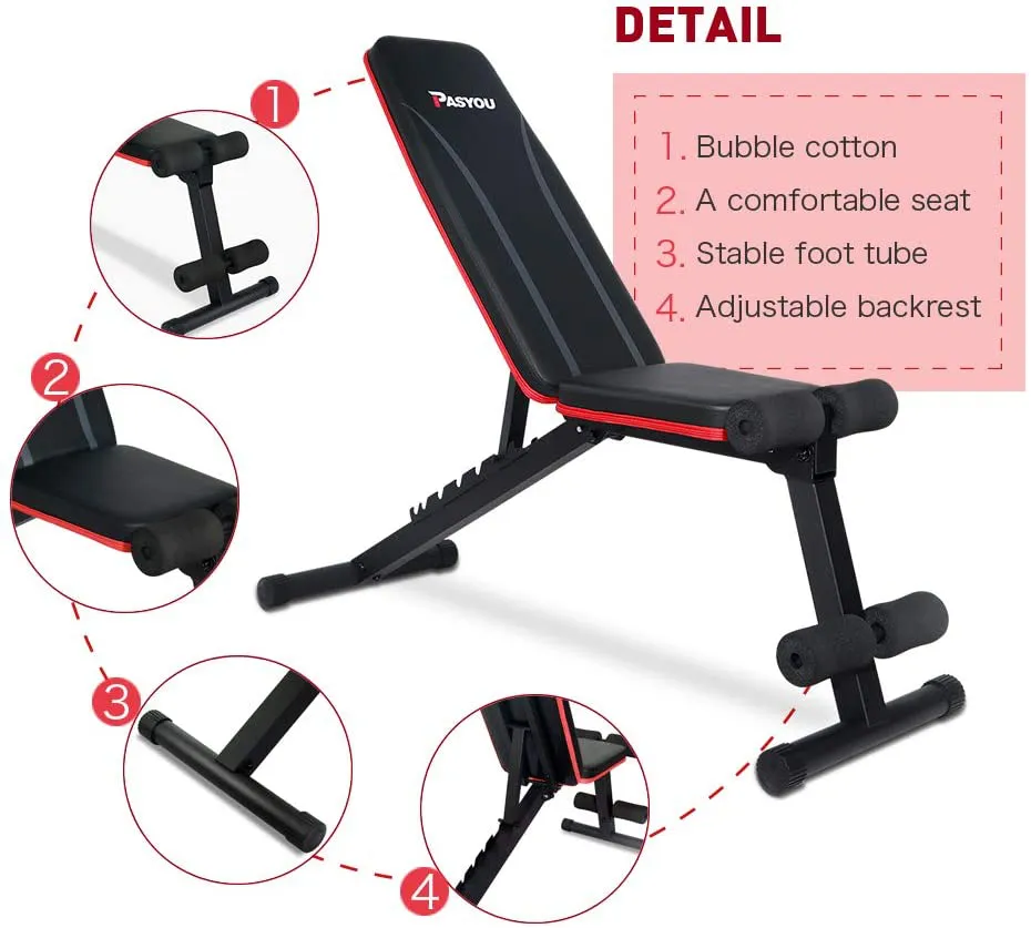 PASYOU Adjustable Weight Bench Full Body Workout Foldable Incline Decline Exercise Workout Bench for Home Gym