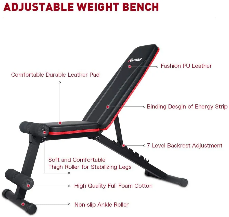 PASYOU Adjustable Weight Bench Full Body Workout Foldable Incline Decline Exercise Workout Bench for Home Gym