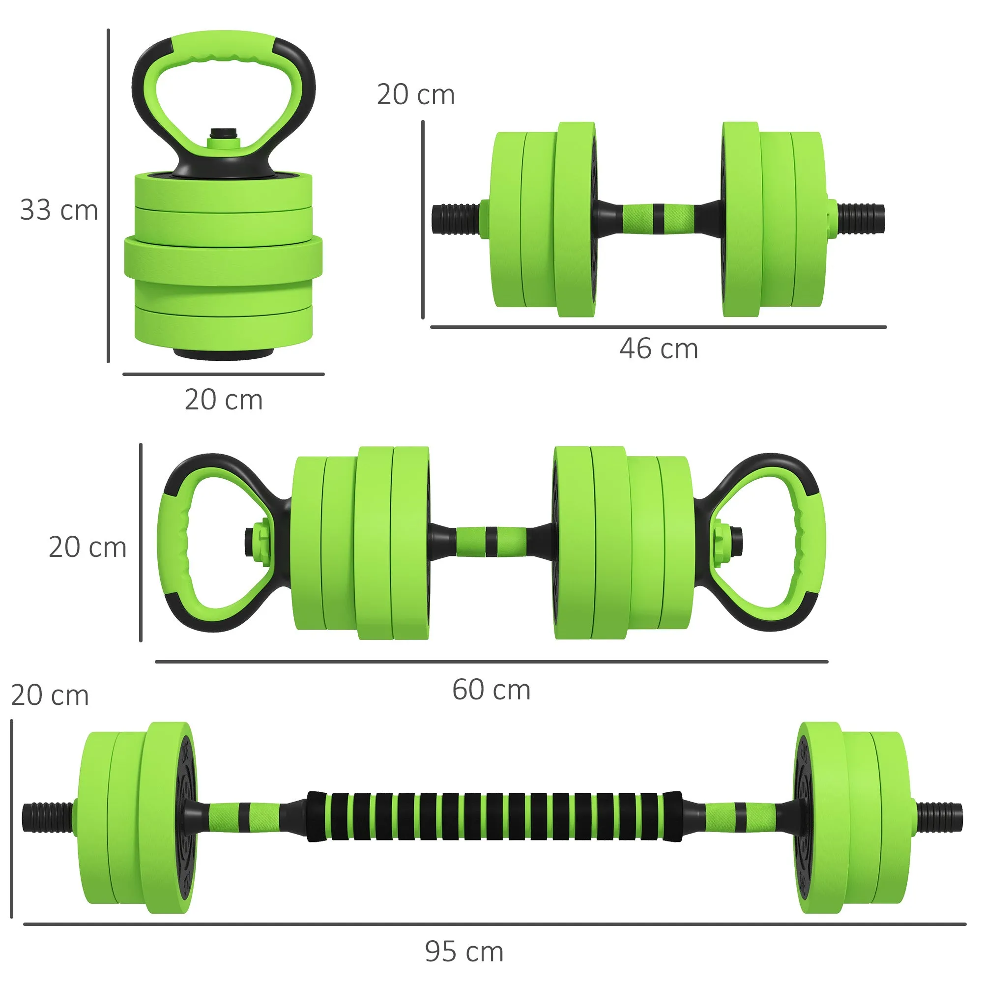 SPORTNOW 4-in-1 Adjustable Weight Dumbbells Set, Used as Barbell, Kettlebell, Push up Stand, Free Weights Set for Home Gym Training, 20KG